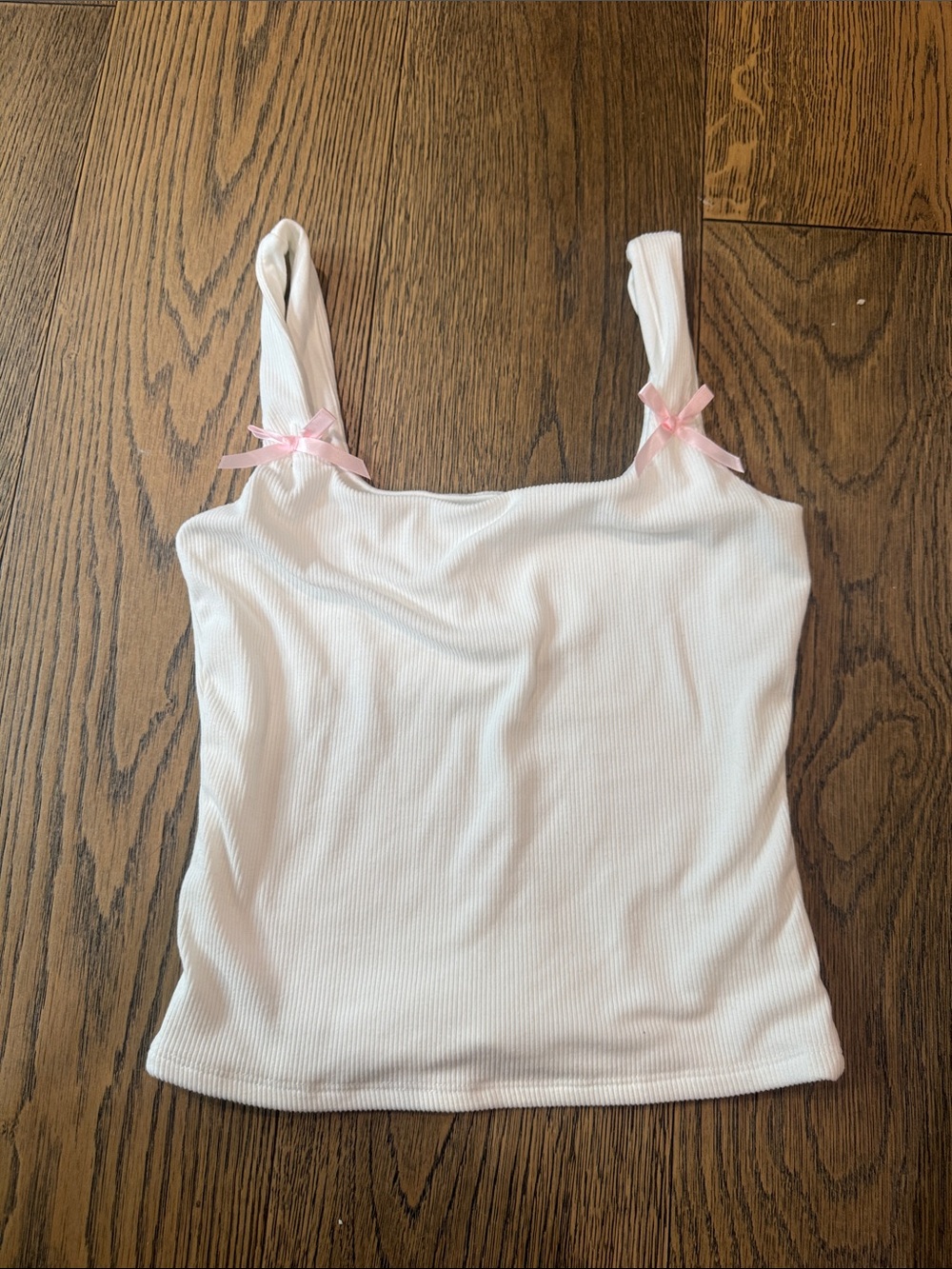 gaze White Ribbed Tank Top with Pink Bow Accents